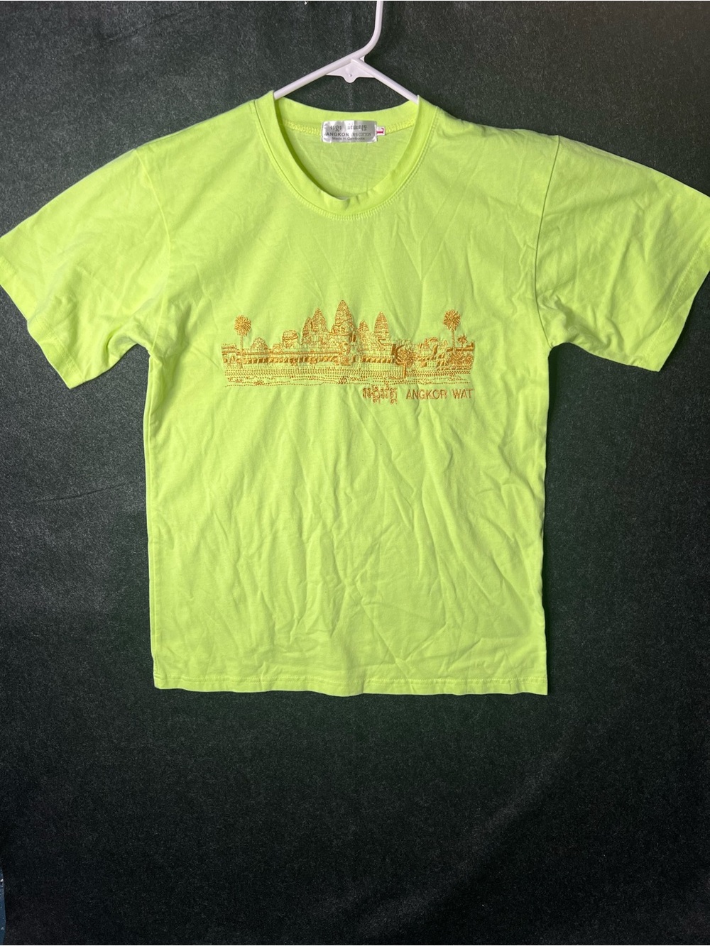 Vintage Cambodia Asia Angkor T-Shirt Lime Green Women’s Size L Embroidery 90s